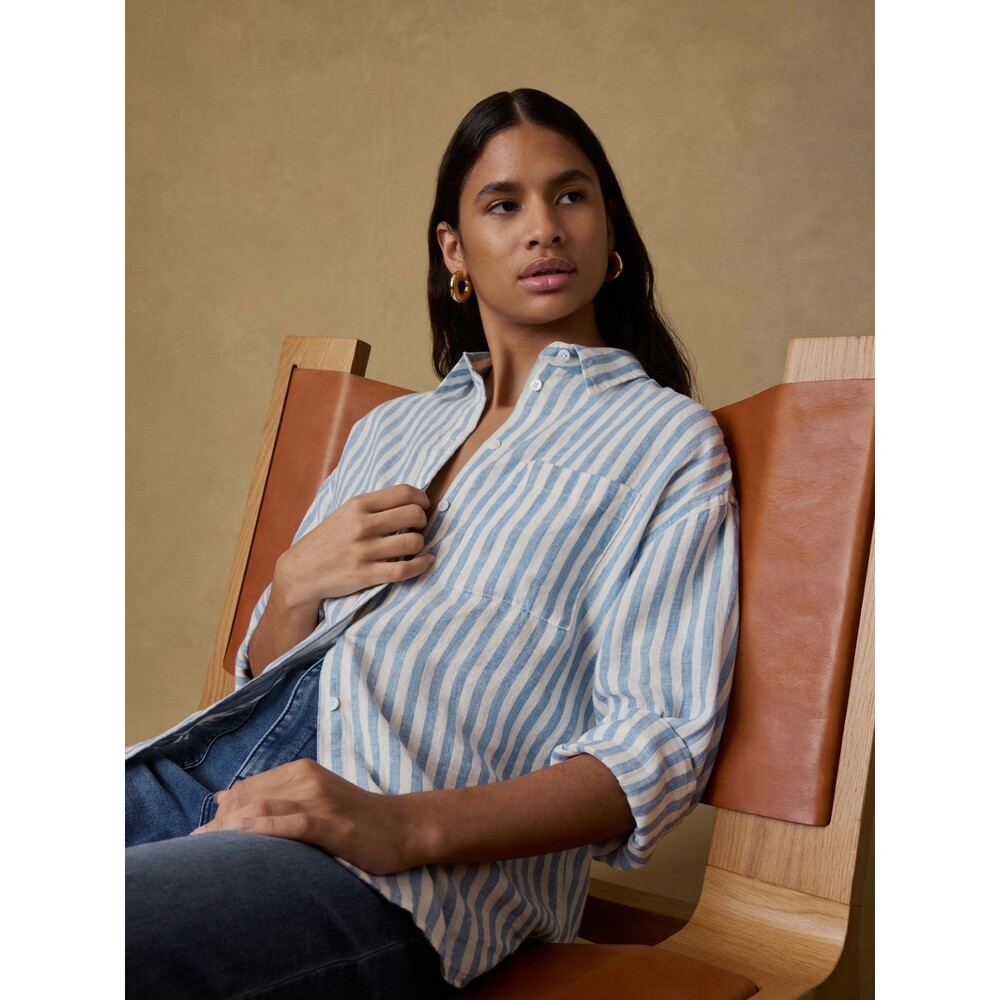 Faherty Laguna Linen Relaxed Shirt Women's Xxs Blue/White Stripe Button Down